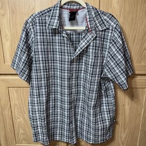 North Face Mens Sz Large Short Sleeve Button Up Plaid Woven Shirt Gray Plaid